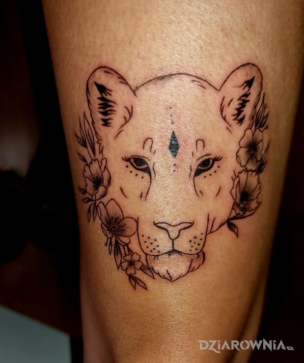 Tatuaż wymarzona lwica w motywie zwierzęta i stylu kontury / linework na nodze