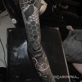 Tatuaż Czarna róża na ramieniu motyw: czarno-szare styl: blackwork / blackout