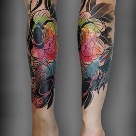 Tattoo Not Quite Oriental Collage on the forearm motif: floral style: contour / linework