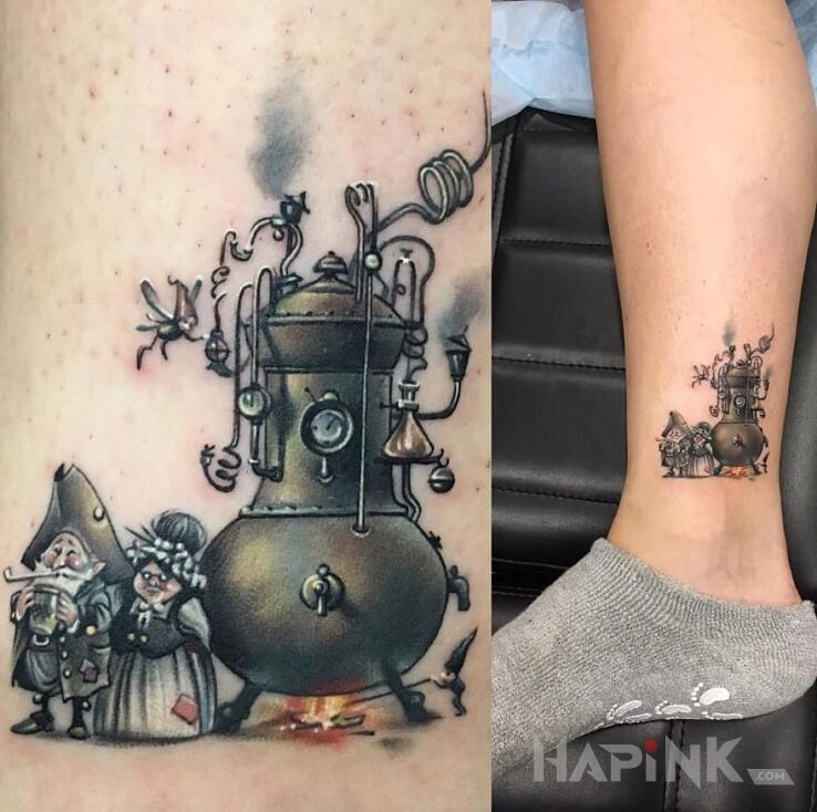 Tattoo Steam punk in steampunk motif on the leg