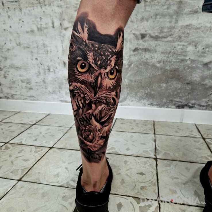 Tatuaż realistyczna sowa krisa w motywie czarno-szare i stylu realistyczne na łydce