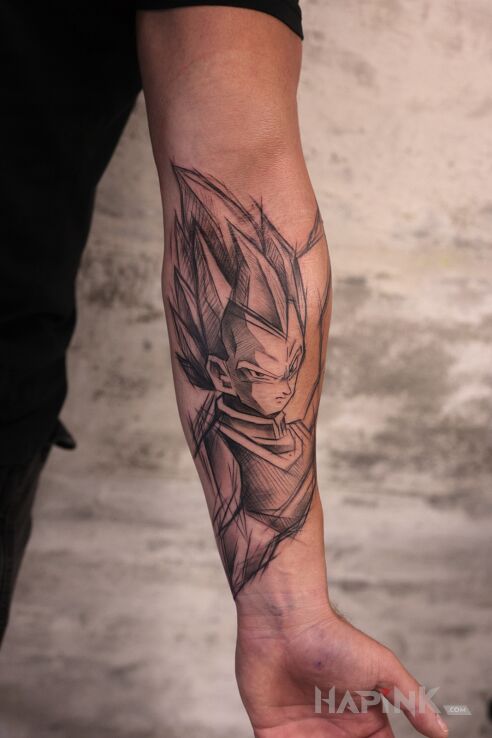Tattoo Vegeta!! in characters motif and sketch style on the forearm