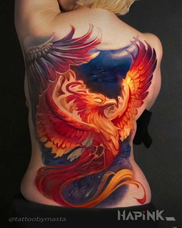 Tattoo Fenix in fantasy motif and realistic style on the back