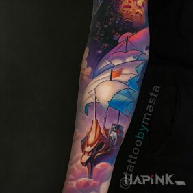 Tattoo Ship in the clouds on the forearm motif: fantasy style: graphic / illustrative