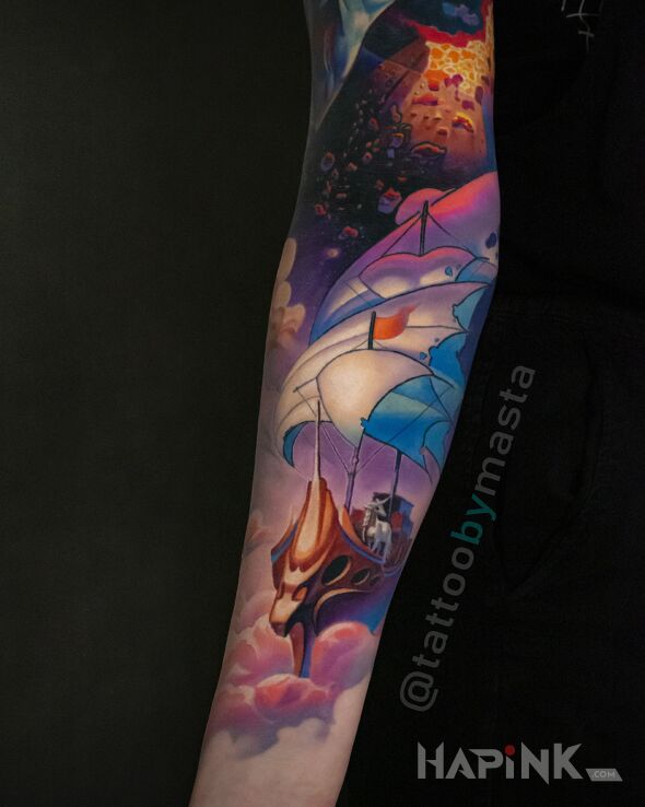 Tattoo Statek w chmurach in colorful motif and graphic / illustrative style on the forearm