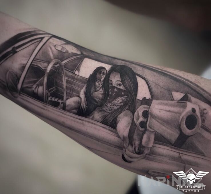 Tattoo GTA in 3D motif and realistic style on the forearm
