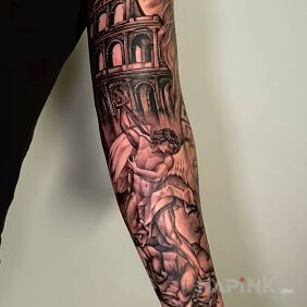 Tattoo Realistic sleeve on the upper arm motif: angels style: realistic