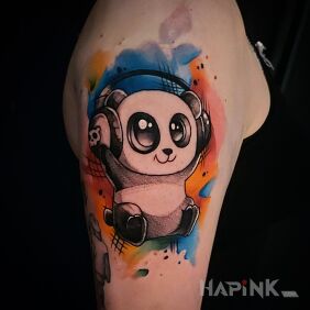 Tattoo Music panda on the upper arm motif: colorful style: Watercolor