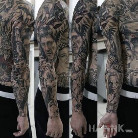 Tattoo Sleeve with different characters on the upper arm motif: characters style: realistic
