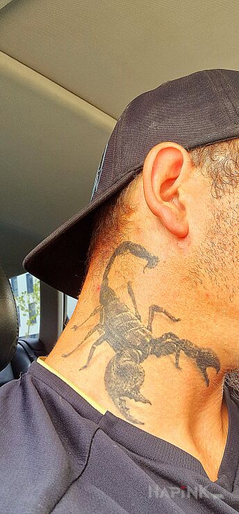 Tattoo Skorpion in black and gray motif and realistic style on the neck