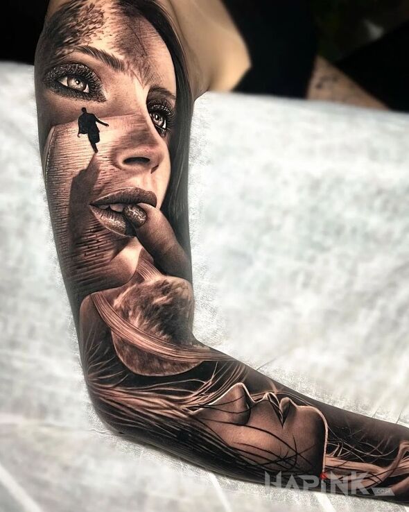 Tattoo Dziewczyna w zadumie in faces motif and realistic style on the forearm