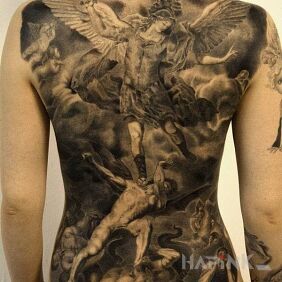 Tattoo Angels and Demons on the back motif: religious style: realistic