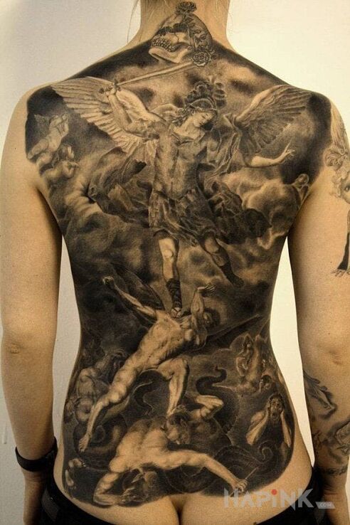 Tattoo Anioły i Demony in religious motif and realistic style on the back