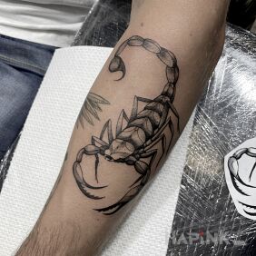 Tattoo Scorpion! on the forearm motif: zodiac signs style: graphic / illustrative