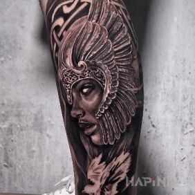 Tattoo Krystian's Warrior! on the calf motif: black and gray style: realistic