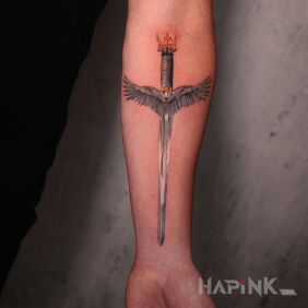 Tattoo Sword straight from the original design! on the forearm motif: colorful style: realistic