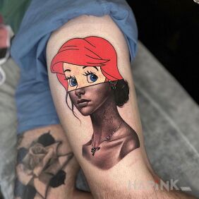 Tattoo Half and half on the thigh motif: colorful style: cartoon / comic book