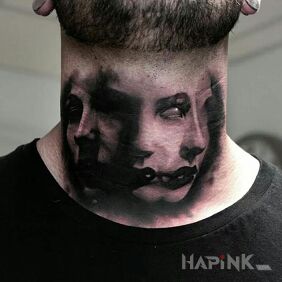 Tattoo The face of a woman on the neck motif: 3D style: realistic