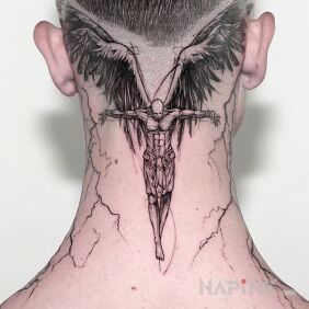 Tattoo Angel among lightning bolts on the head motif: black and gray style: sketch