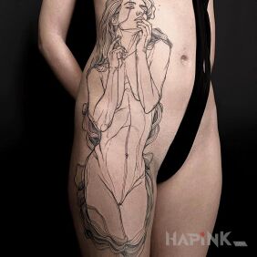 Tattoo Little Woman on the leg motif: black and gray style: sketch