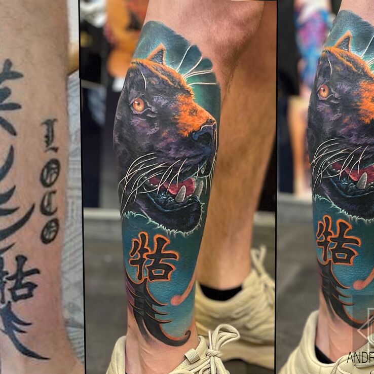 Tatuaż  męski pantera na łydce zakrycie tutuażu cover up w motywie natura i stylu realistyczne na łydce
