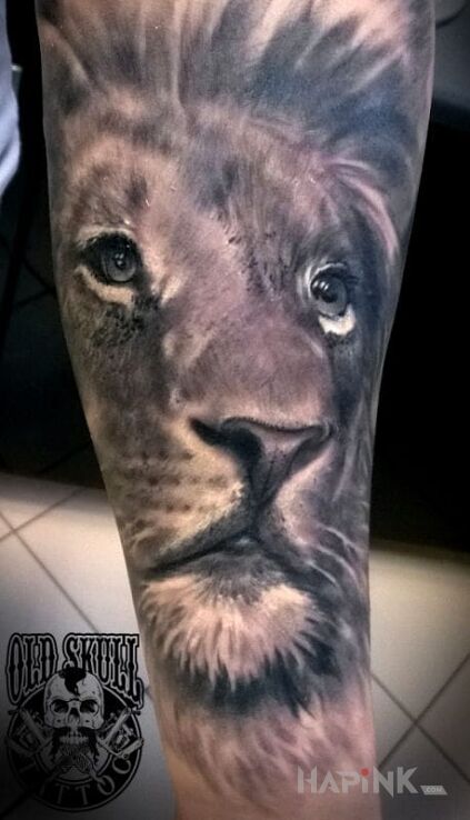 Tattoo Lew in animals motif and realistic style on the forearm