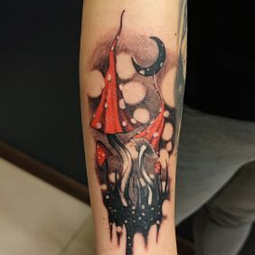 Tattoo Forearm tattoo of fly agaric mushrooms on the forearm motif: nature style: graphic / illustrative