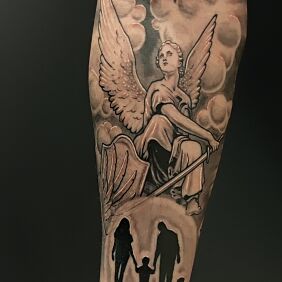 Tattoo Men's forearm tattoo of an angel with family on the forearm motif: angels style: calligraphy