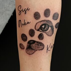 Tattoo Female forearm tattoo of a cat with paw prints on the forearm motif: animals style: dotwork