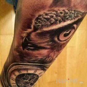 Tattoo Owl and clock on the forearm motif: animals style: realistic