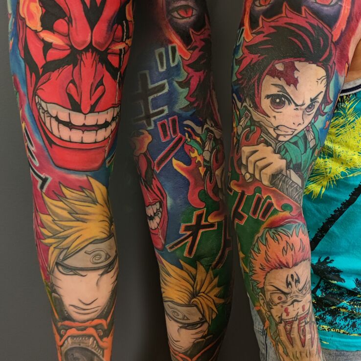 Tatuaż  męski rękaw anime manga w motywie kolorowe i stylu newschool na dłoni