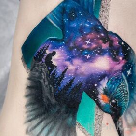 Tattoo Cosmos in a bird on the ribs motif: animals style: realistic