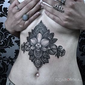 Tatuaż Orchidea na brzuchu motyw: czarno-szare styl: graficzne / ilustracyjne