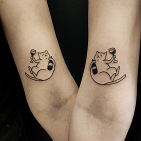 Tattoo Tattoo for girlfriends cats with wine on the forearm motif: black and gray style: contour / linework