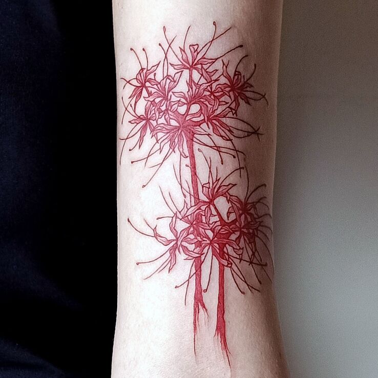Tatuaż  kobiecy lilia pajęcza czerwona lycoris radiata w motywie natura i stylu graficzne / ilustracyjne na bicepsie