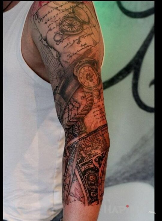 Tattoo Kompas i mama in sleeves motif and realistic style on the forearm
