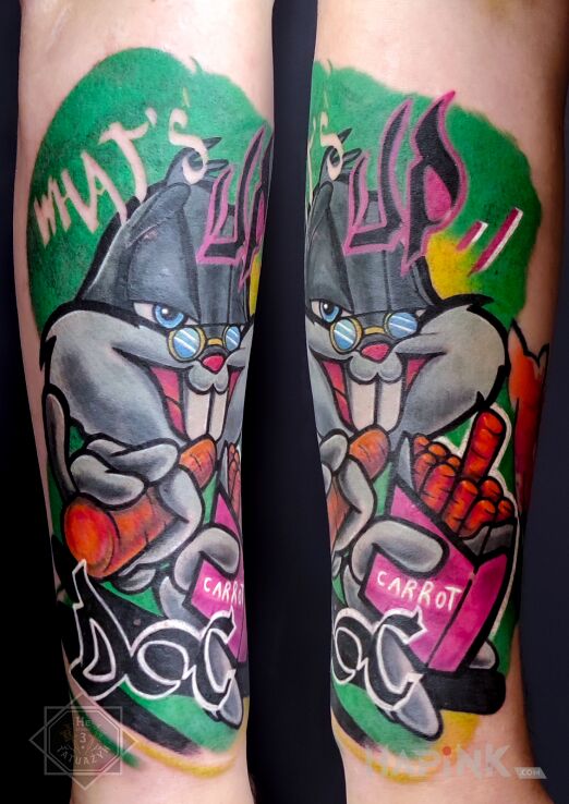 Tattoo Bugs bunny forearm tattoo in colorful motif and cartoon / comic book style On the arm