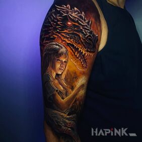 Tattoo Dragon and girl On the arm motif: 3D style: realistic