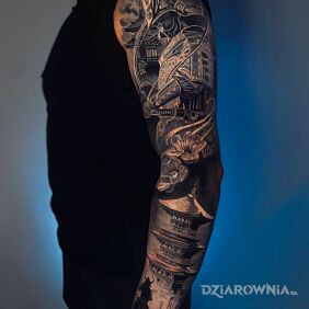 Tatuaż Rękaw samuraj, sakura, pagoda na ręce motyw: kwiaty styl: realistyczne