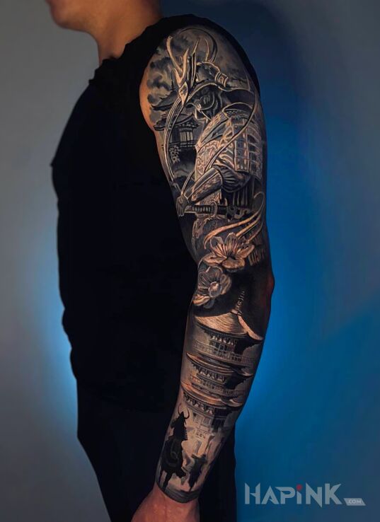 Tattoo Rękaw samuraj, sakura, pagoda in black and gray motif and realistic style on the upper arm