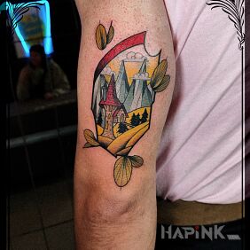 Tattoo Magic hut On the arm motif: fantasy style: neo-traditional
