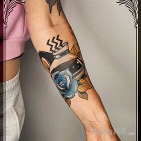 Tattoo Twin Peaks, Damn good coffee on the forearm motif: flowers style: neo-traditional
