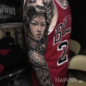 Tattoo Japanese princess on the forearm motif: 3D style: realistic