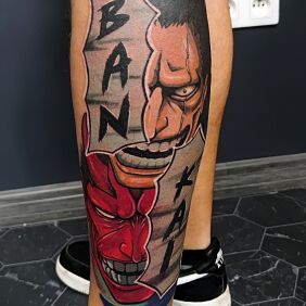 Tatuaż Tatuaż na nodze kenpachi bankai bleach na nodze motyw: demony styl: kreskówkowe / komiksowe