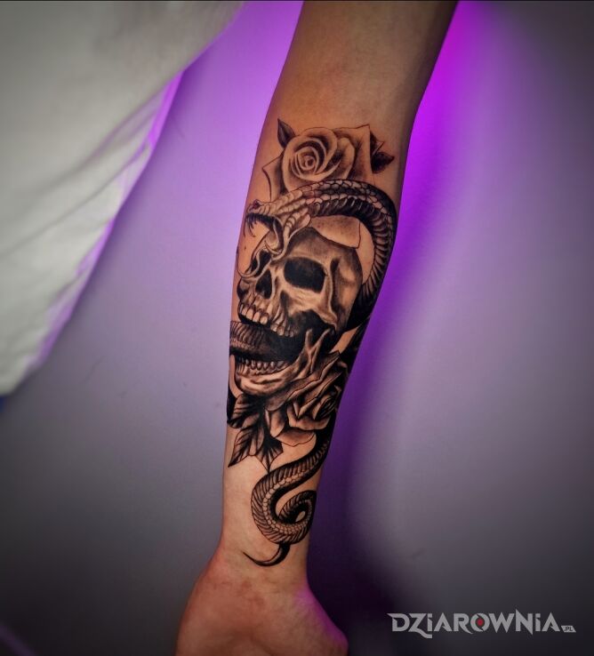 Tatuaż czaszka róża i wąż na przedramieniu w motywie smoki i stylu surrealistyczne na ręce