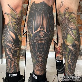 Tattoo Xenomorph Alien on the calf motif: black and gray style: realistic