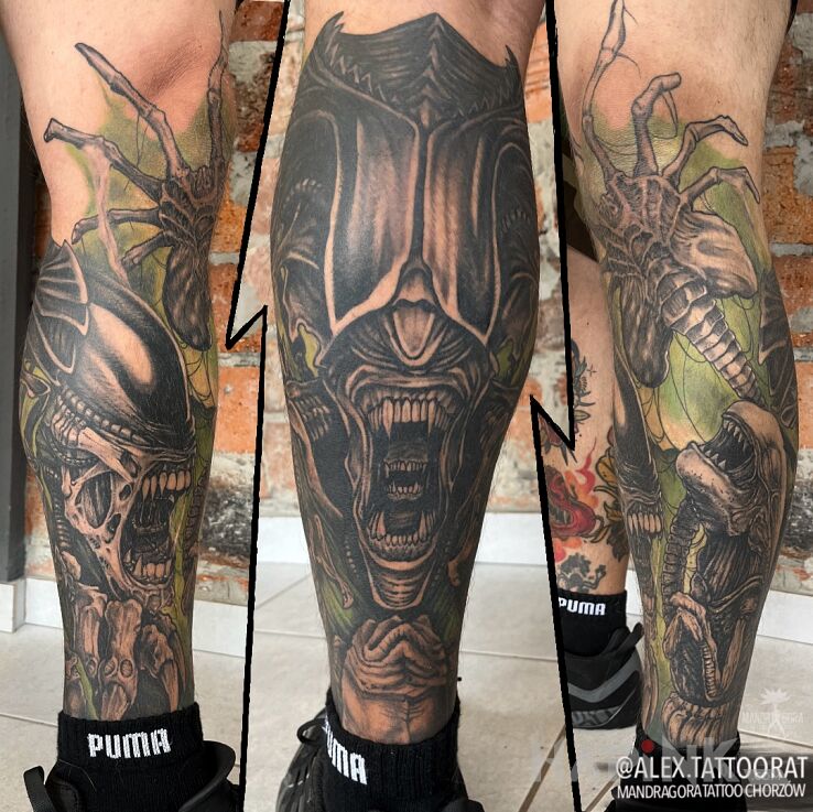 Tattoo Xenomorph Alien in dark motif and realistic style on the leg