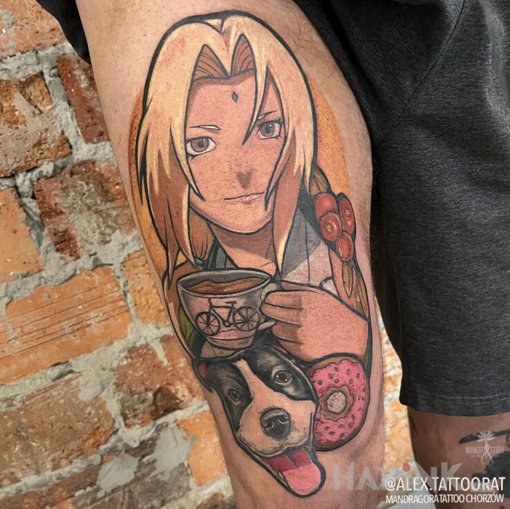 Tattoo Tsunade Naruto in manga / anime motif and newschool style on the leg