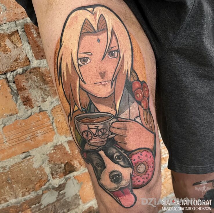 Tatuaż tsunade naruto w motywie manga / anime i stylu newschool na udzie