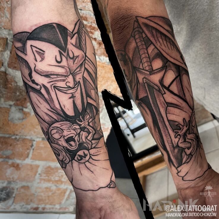Tattoo Dragon Ball Dabura in black and gray motif and graphic / illustrative style On the arm